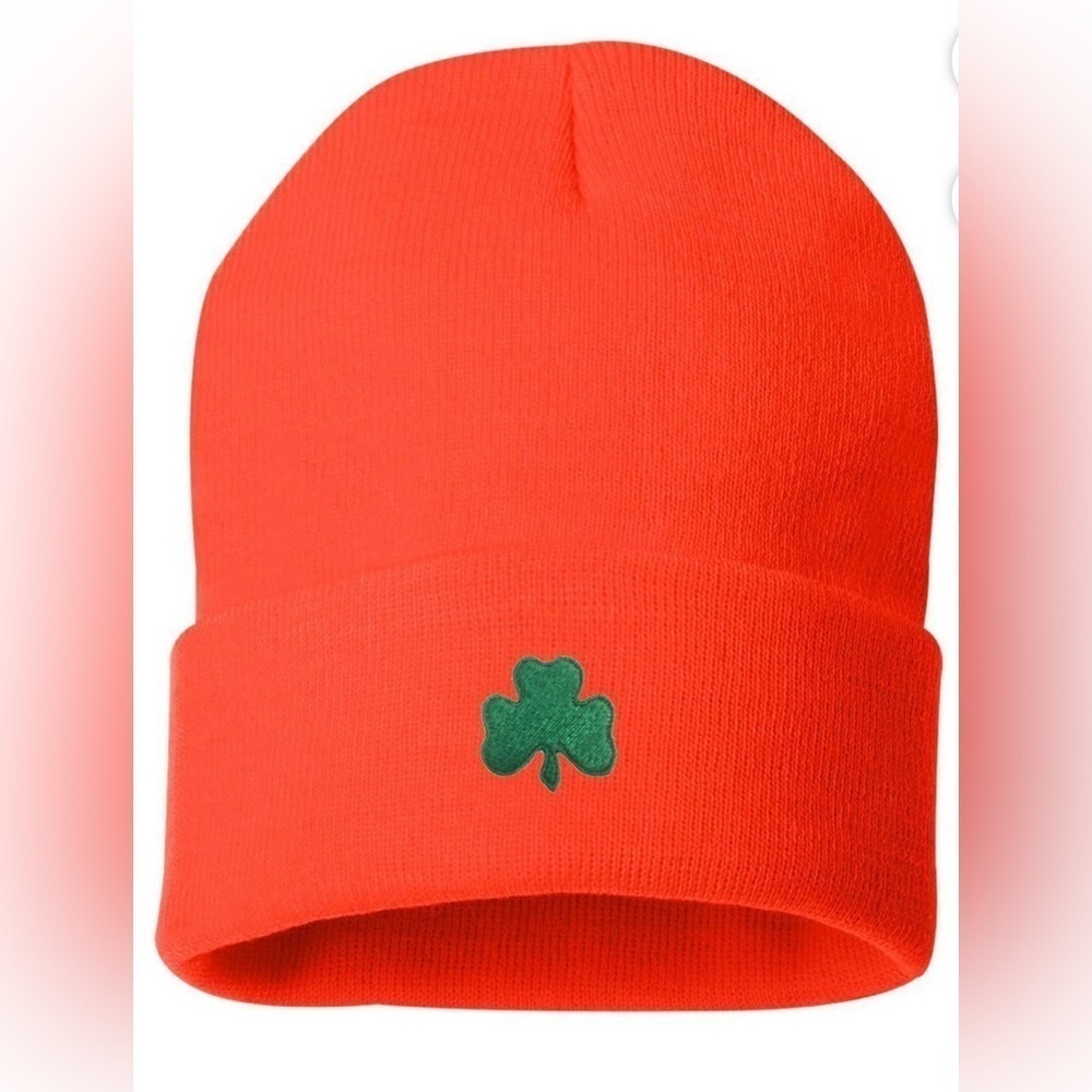 NIP Orange Green Boston Lucky Clover Embroidery Graphic Knit Beanie Hat Cap